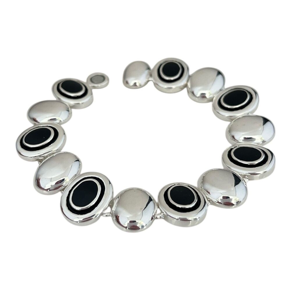 New Silver Tone Bracelet Black Enamel Magnetic Clasp - 2S